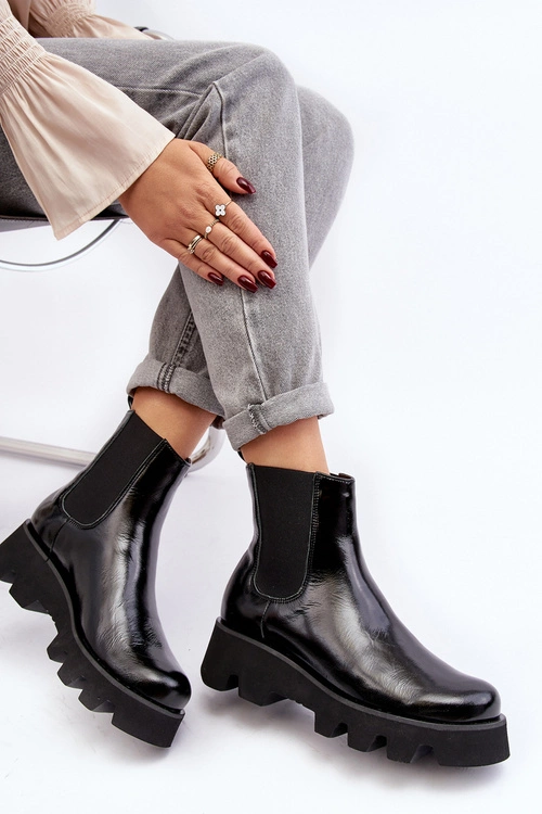 Botki Sztyblety Damskie Skórzane Na Masywnej Podeszwie Laura Messi 2571 Czarne