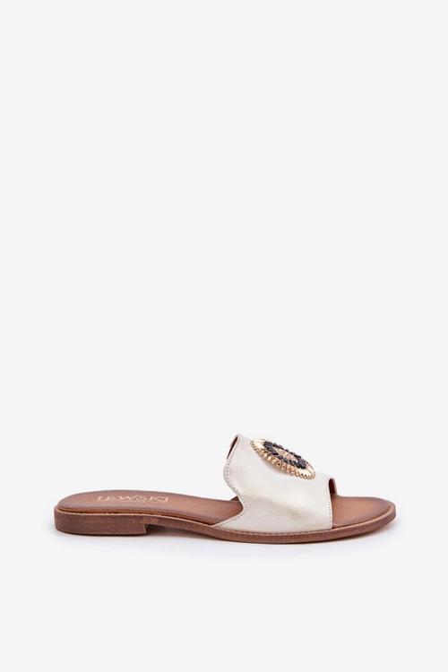 Skórzane Klapki Z Ozdobą Na Płaskim Obcasie Lewski 3047/O Złoty Przecierany