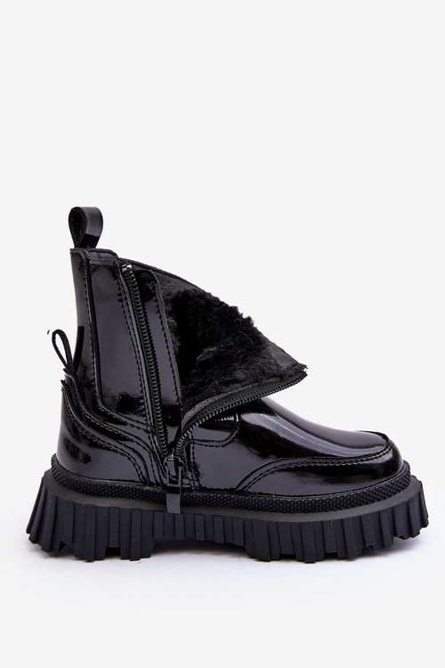 Lakierowane Botki Dziecięce Na Suwak Ocieplane Czarne Jolynn