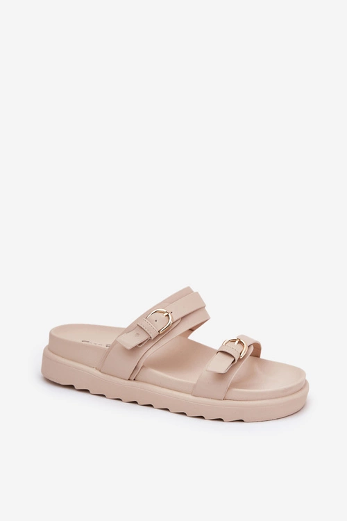 Klapki Damskie Na Platformie Ze Złotymi Klamrami Beżowe Wernone