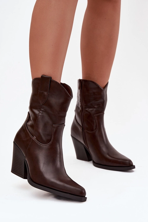 Botki Kowbojki Damskie Eko Skórzane Na Słupku Czekoladowe Morelia