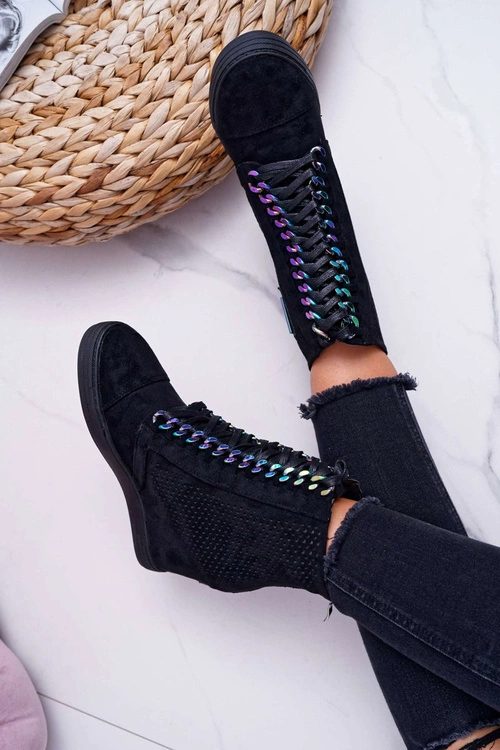 Damskie Sneakersy Lu Boo Ażurowe Zamszowe Czarne Clamma