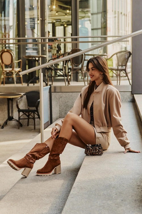 Kozaki Damskie Do Połowy Łydki Na Słupku Ocieplane Camel Ivanelis