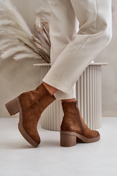 Botki Damskie Na Słupku Ocieplane Eko Zamszowe Khaki Arkesia