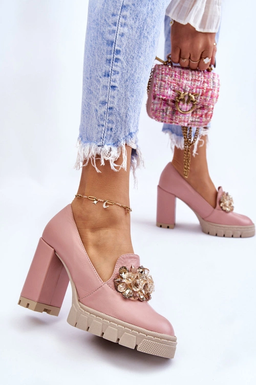 Eleganckie Czółenka Z Ozdobą Gładkie Różowe Caterine