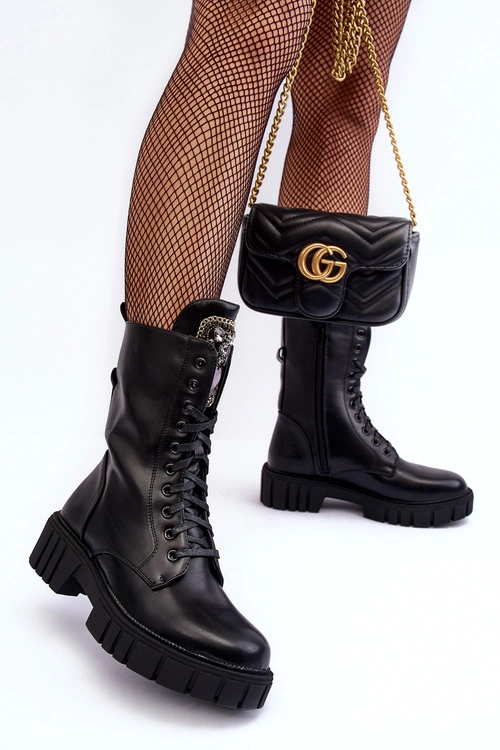 Skórzane Botki Workery Z Biżuteryjną Ozdobą Czarne Marx