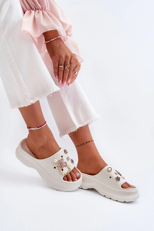 Damskie Piankowe Klapki Z Ozdobami Białe Afariana