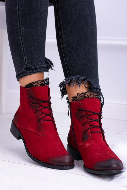 Skórzane Czerwone Damskie Botki Z Koronką Millano