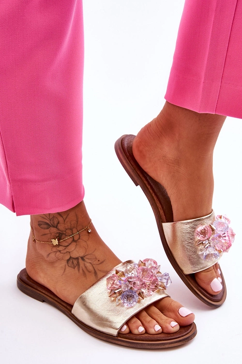 Skórzane Damskie Klapki Z Ozdobą Nicole 2726/064 Złote