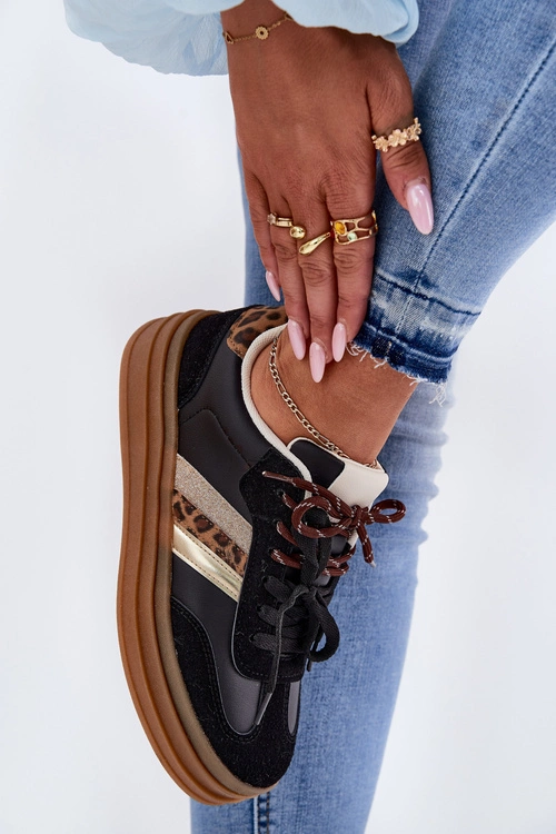 Sneakersy Damskie Na Platformie Z Podwójnym Sznurowaniem Panterka Czarne Niteria