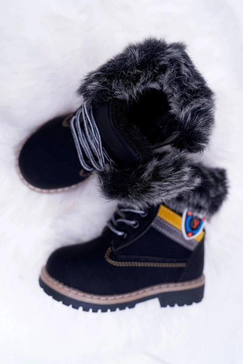 Dziecięce Chłopięce Botki Ocieplane Futerkiem Trapery Czarne Cobi