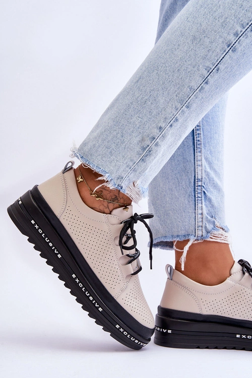 Skórzane Ażurowe Buty Sportowe Beżowe Leonor