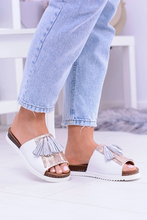 Skórzane Białe Eleganckie Klapki Maciejka Resto