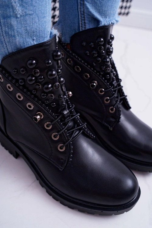 Damskie Botki Z Perełkami Ciepłe Czarne Memer