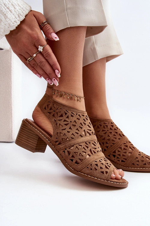 Ażurowe Sandały Na Obcasie Brązowe Serapina