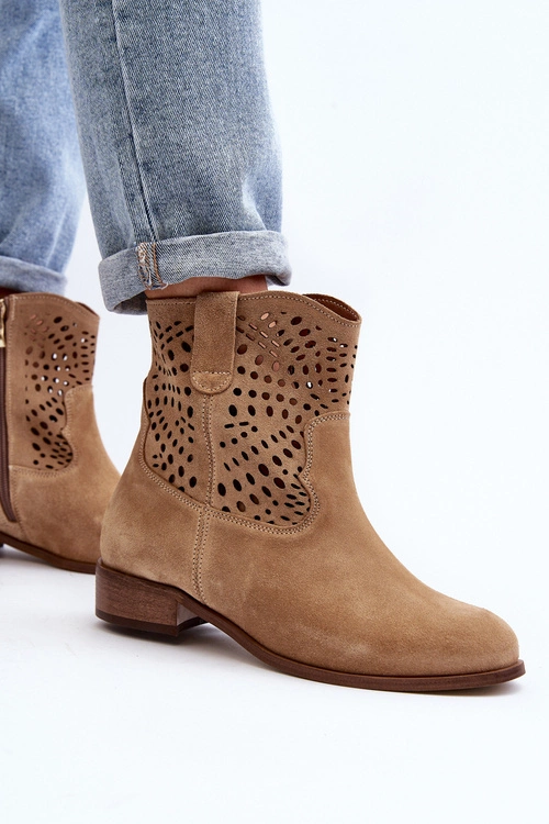 Damskie Ażurowe Botki Lewski Shoes 3305/2 Beżowe