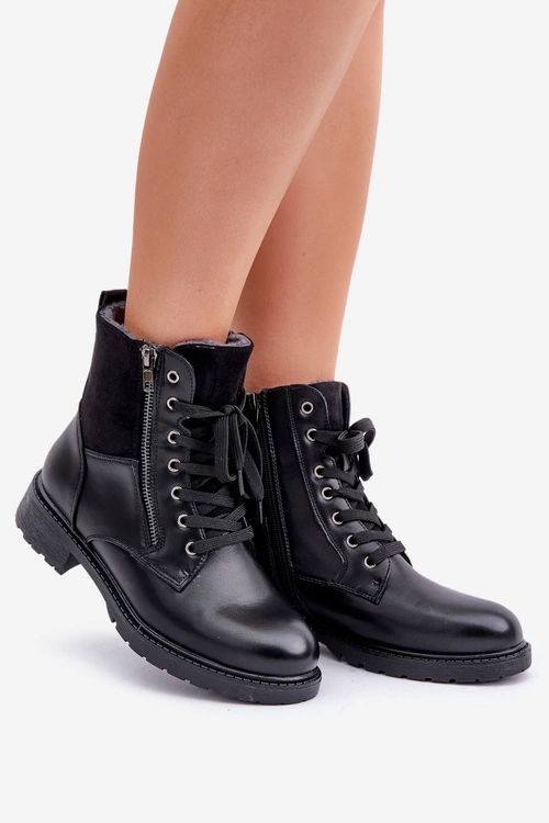 Ocieplane Botki Na Płaskim Obcasie Eko Skórzane Czarne Naoise