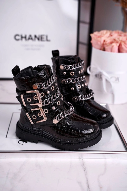 Dziecięce Botki Ocieplane z Klamrami Print Czarne Fun Time