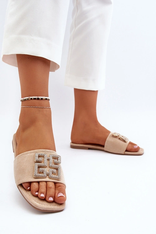 Klapki Damskie Na Płaskim Obcasie Z Ozdobą Beżowe Inaile