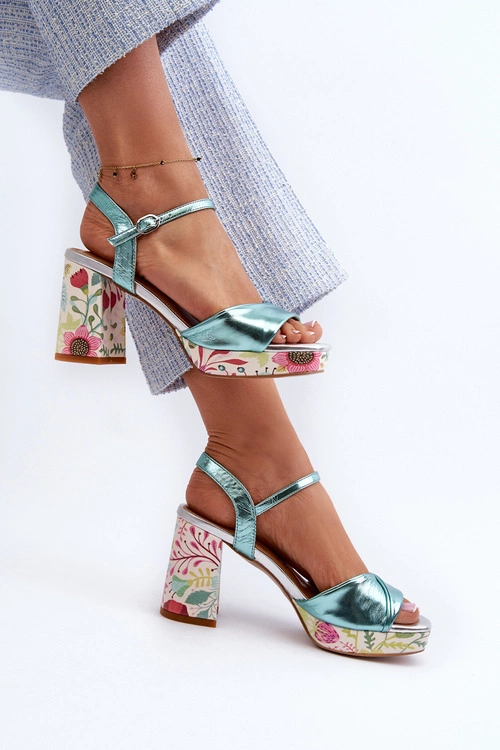 Sandały Damskie Na Słupku W Kwiaty D&A CR980 Błękitne