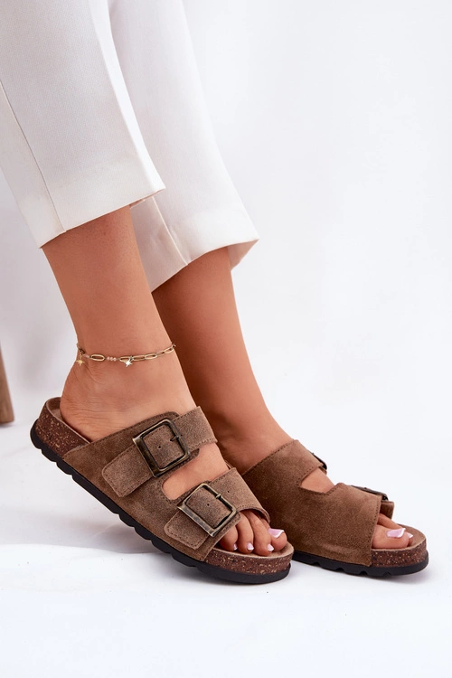 Zamszowe Klapki Z Klamrami Damskie Panto Fino RR267024 Brązowe