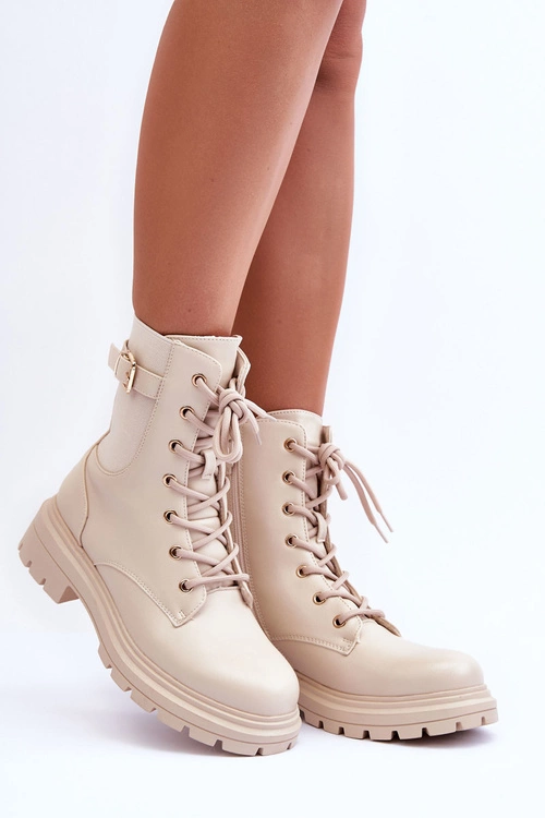 Skórzane Damskie Botki Workery Beżowe Chrezy