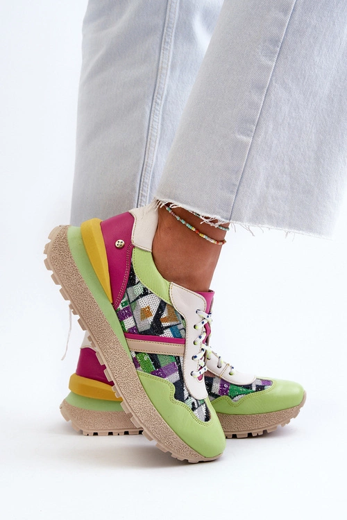 Sneakersy Damskie Skórzane Na Platformie Maciejka 06322-09 Zielono-Różowe