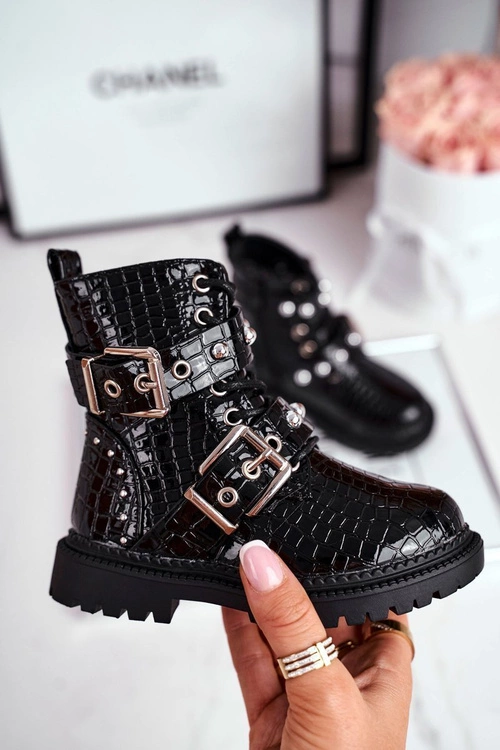 Dziecięce Botki Ocieplone Futerkiem Lakierowane Czarne Mary