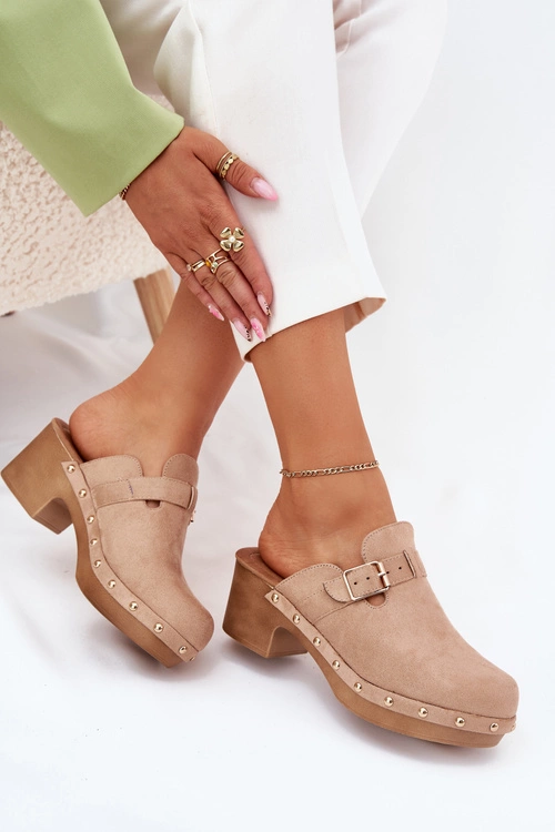 Klapki Chodaki Damskie Na Obcasie Z Klamrą Beżowe Veldexina