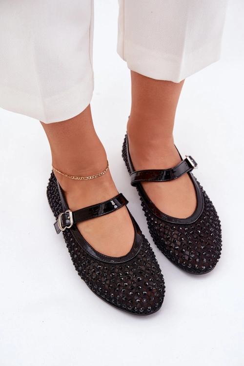 Zdobione Baleriny Damskie Z Paskiem I Klamrą Czarne Avirae
