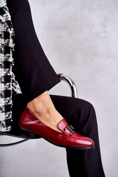 Modne Skórzane Półbuty Loafery Bordowe Trine