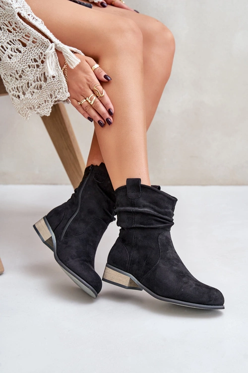 Ocieplane Botki Z Marszczeniem Na Niskim Obcasie Czarne Elletinnia
