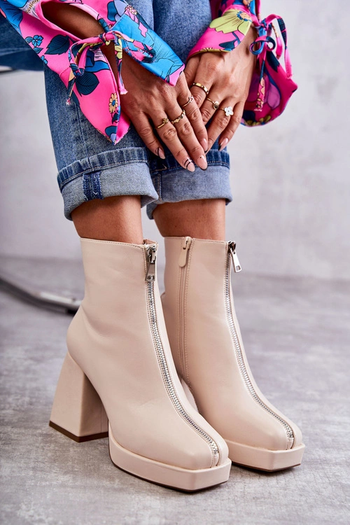 Damskie Botki Na Masywnym Obcasie Z Suwakiem Beżowe Carrera