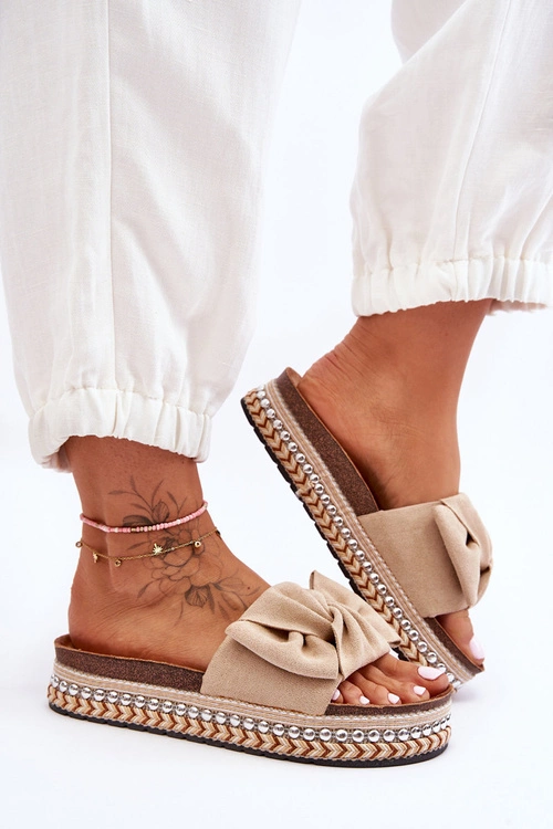 Damskie Klapki Zamszowe Z Kokardą Beżowe Lauria