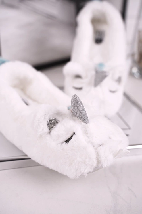 Papcie Damskie Futrzane Jednorożce Białe Rainbow