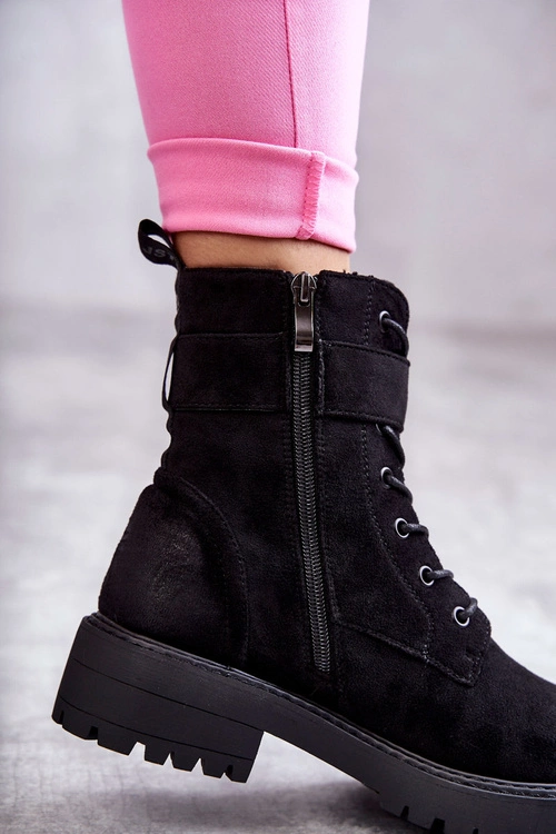 Damskie Botki Zamszowe Sznurowane Na Płaskim Obcasie Czarne Firmina