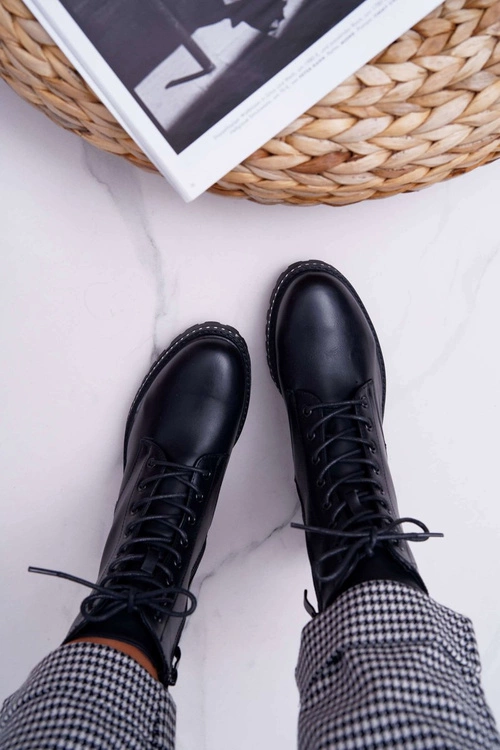 Botki Damskie Płaski Obcas Wysokie Glany Czarne Hippe