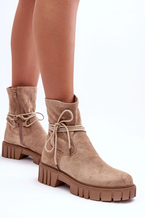 Zamszowe Botki Damskie Z Wiązaniem Beżowe Lineanor