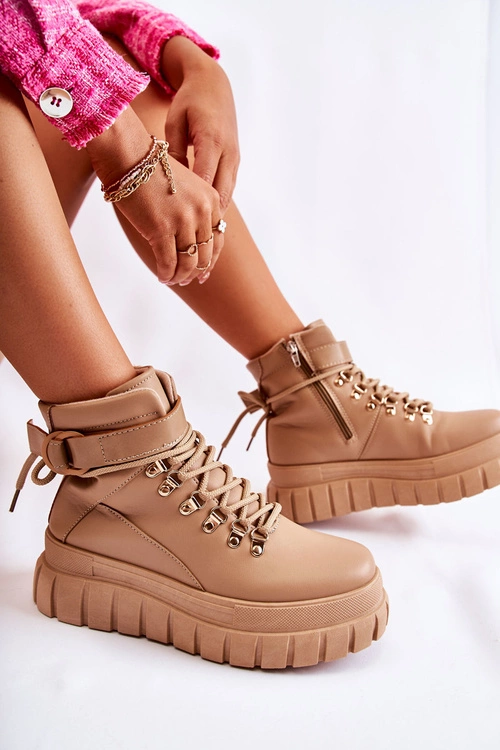 Modne Damskie Botki Na Platformie Z Paskiem Beżowe La Blanca