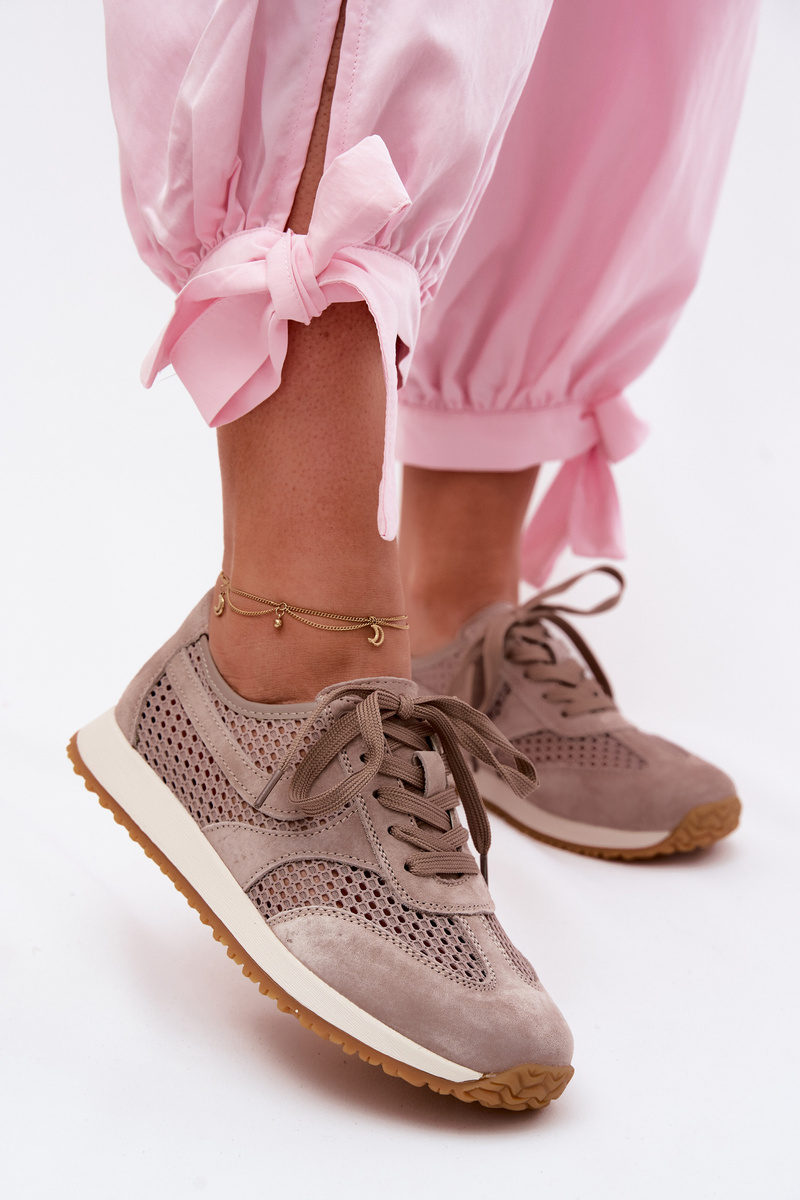 Ażurowe Sneakersy Damskie Z Zamszu Ciemnobeżowe Gelina