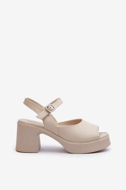 Skórzane Sandały Damskie Na Obcasie Vinceza 66627 Beżowe