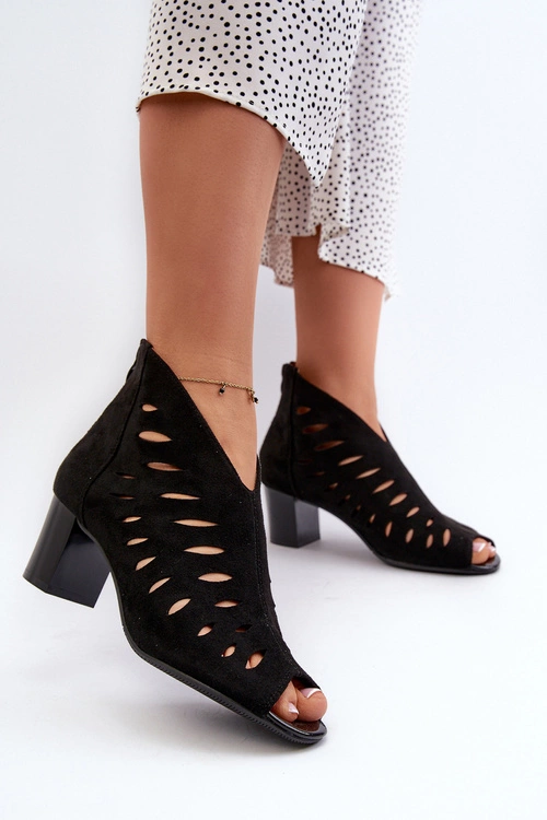 Ażurowe Botki Damskie Eko Zamszowe Na Słupku Z Odkrytymi Palcami Czarne Timalre