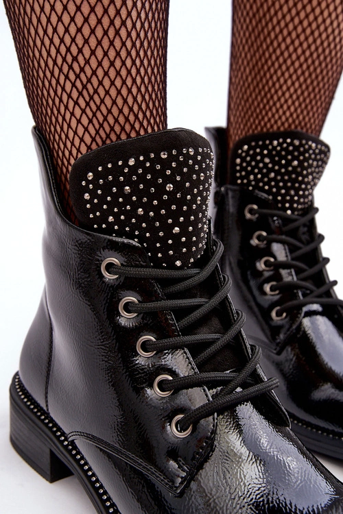 Zdobione Lakierowane Niskie Botki Damskie Czarne Hattia