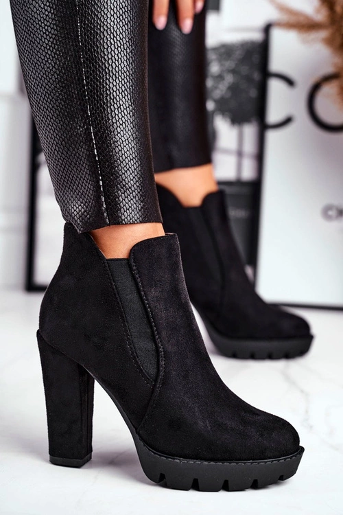 Botki Damskie Wsuwane Na Słupku Eko-Zamsz Czarne Berry