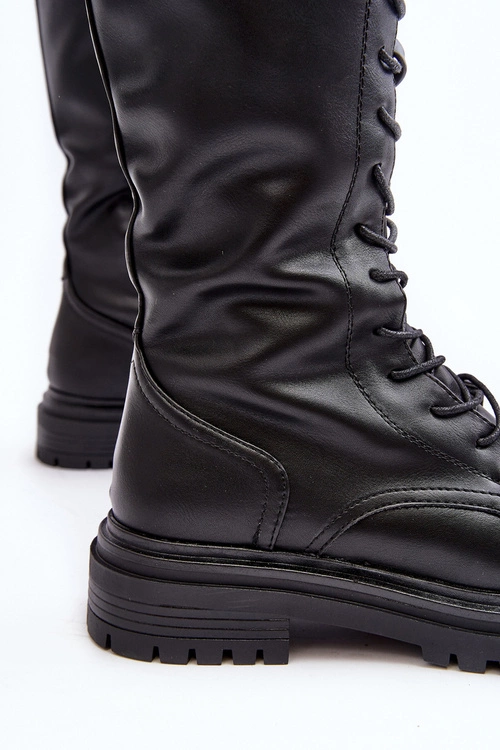 Kozaki Glany Damskie Do Połowy Łydki Sznurowane Czarne Elavettsa