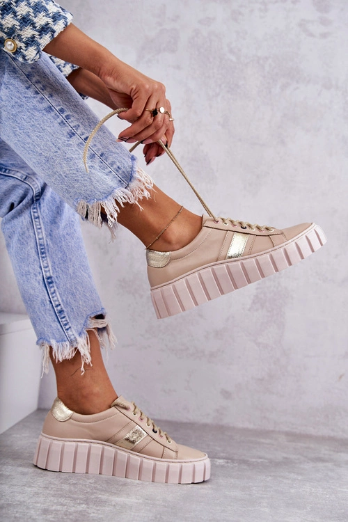 Damskie Skórzane Buty Sportowe Wiązane Beżowo-Złote Ariva