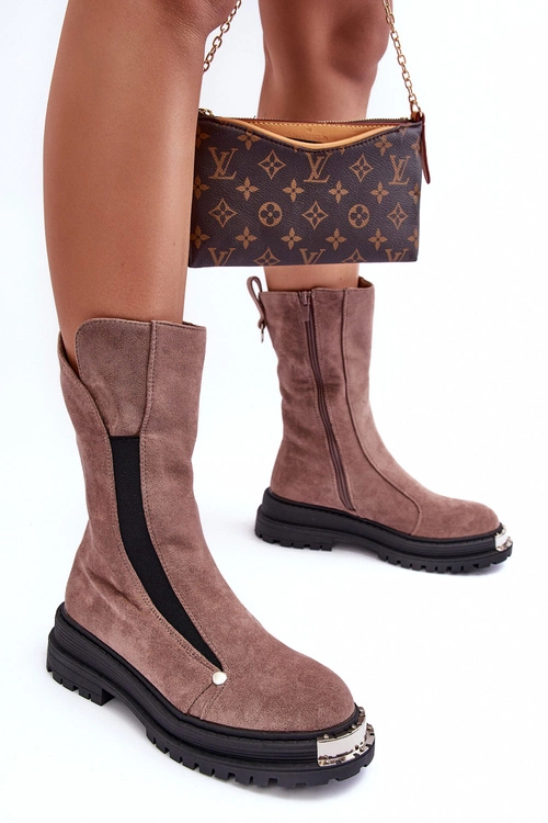 Zamszowe Ocieplane Botki Na Płaskim Obcasie Ciemnobeżowe Palimra