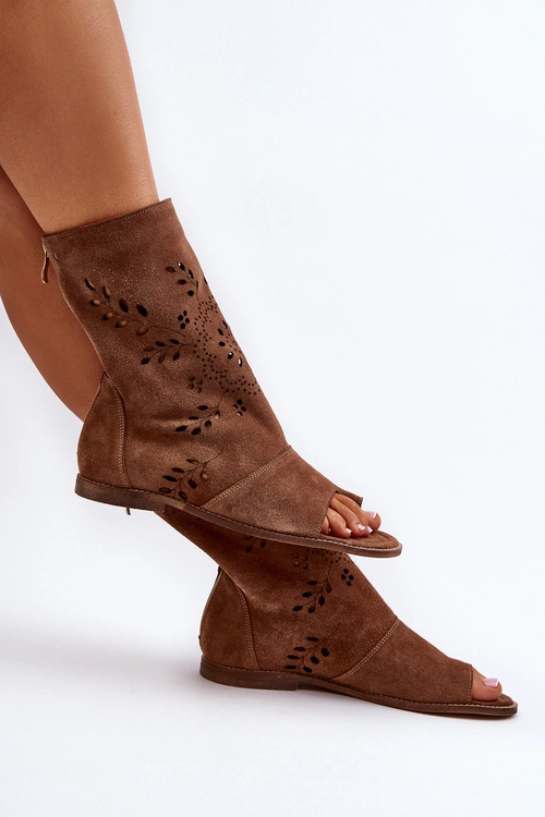 Zazoo 3437 Damskie Zamszowe Sandały Z Cholewką Na Zamek Brązowe