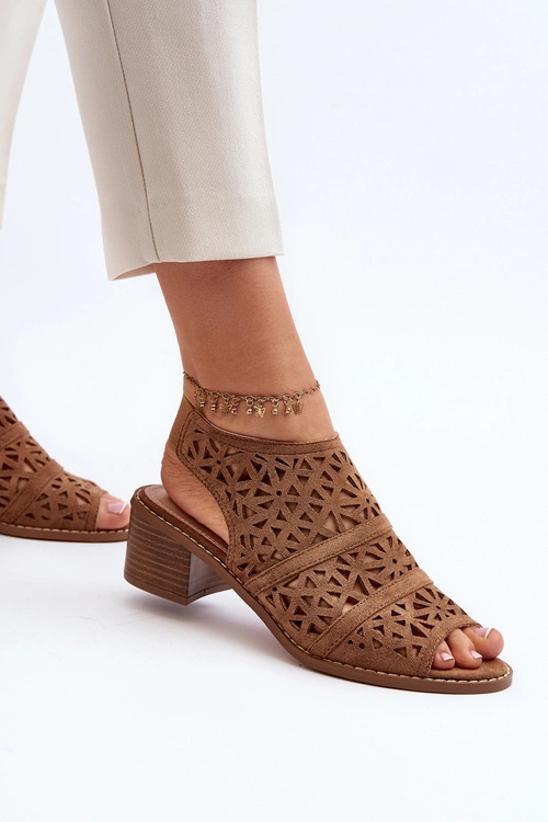 Ażurowe Sandały Na Obcasie Brązowe Serapina