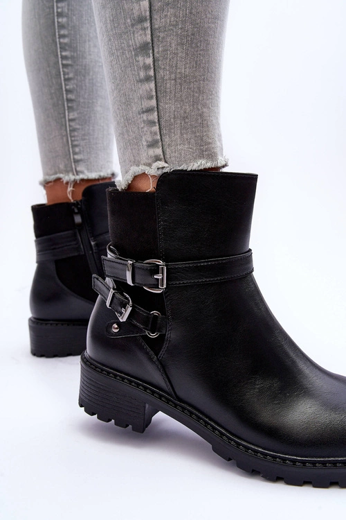 Skórzane Botki Damskie Z Paskami Czarne Minks